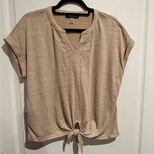 Cable & Gauge Women's Beige Textured Blouse with Knot Detail